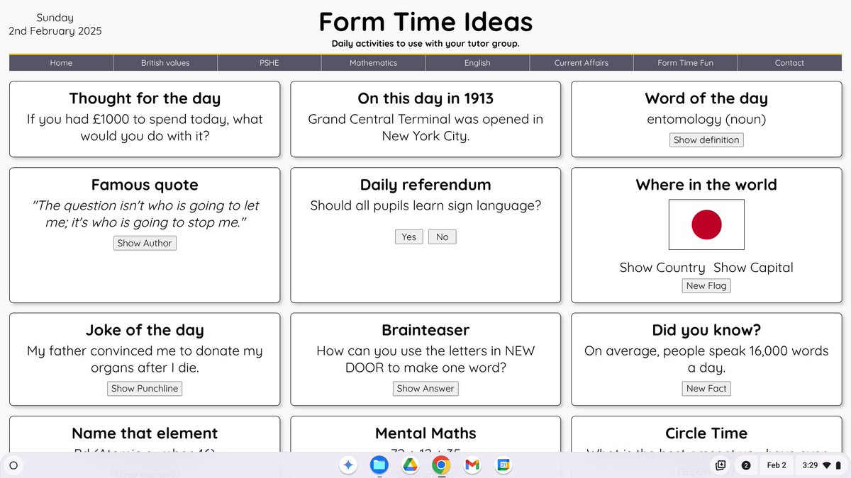 Form Time Ideas.
Daily activities to use with your tutor group.

formtimeideas.com