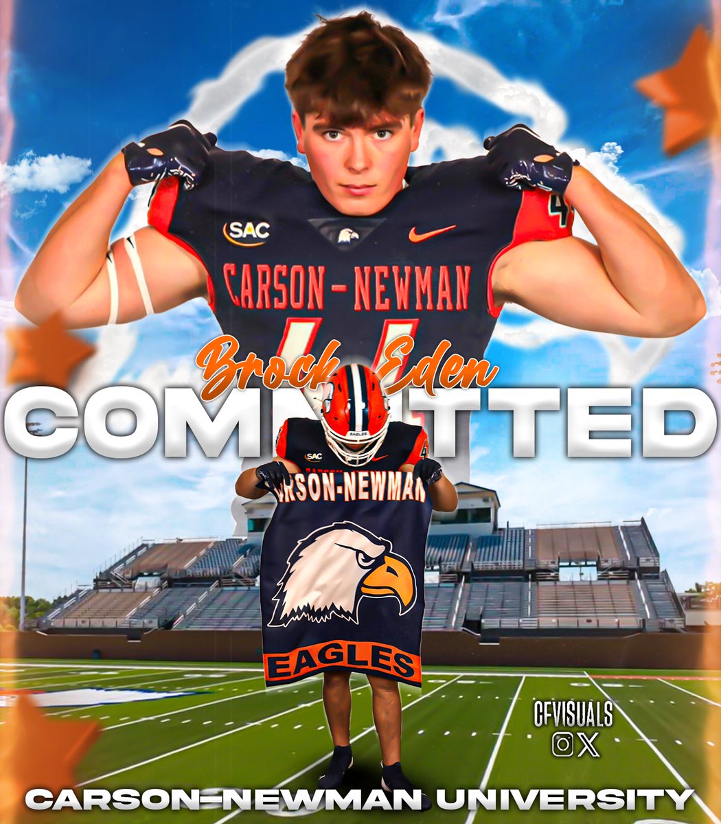 I am blessed to announce my commitment to further my academic and football career to <a href="/cnfootball/">Carson-Newman Football</a>. Thank you to my family, coaches, and teammates for helping me through these 4 years. Go Eagles!
<a href="/CoachPolimice/">Coach Polimice “ Coach P”</a> <a href="/Coach_Benson9/">Mykel Benson</a> <a href="/CoachBroomfield/">Corey Broomfield</a> <a href="/CoachMiller53/">Billy Miller</a> <a href="/CoachKev45/">Coach Kev</a> <a href="/CoachT_75/">Tanner Fleming</a>
