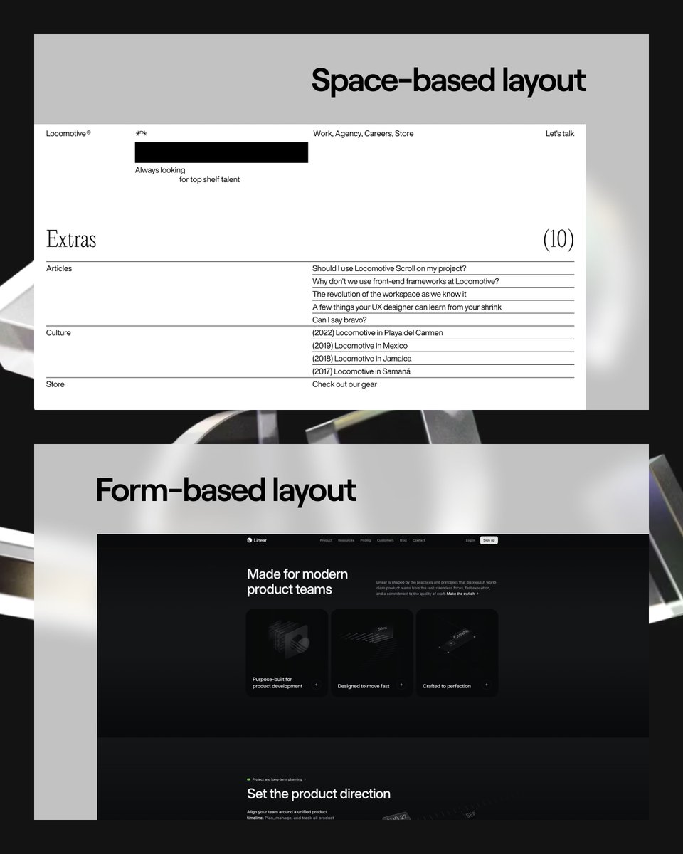 The secret battle in interactive layouts:

Form vs. Space. But most designers focus on...

"Form", with only a few utilizing "Space".

There are two fundamental approaches when designing interactive layouts:

✦ The Form-Based Approach:

This is the mainstream method. It’s about