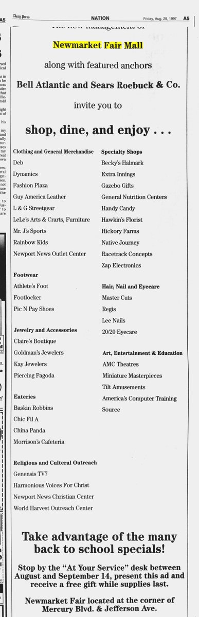 saleintothe90s's tweet image. I found this sad little 1997 ad for the Newmarket Fair Mall (#HamptonVA). I think this ad was lying! I swear I remember Claire's closing around 1995? 1996? I remember mom and I walking upstairs to Claire's and it was gone. Also, Hickory Farms still being open in 97? #deadmalls