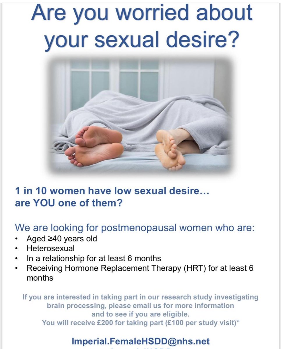 Vikram Sinai Talaulikar (@vikramsinai) on Twitter photo A reminder here about the research study investigating effects of kisspeptin in postmenopausal women with low sexual desire. Eligible participants must be postmenopausal, on HRT, and not currently taking SSRIs or testosterone. For further information - Imperial.FemaleHSDD@nhs.net A reminder here about the research study investigating effects of kisspeptin in postmenopausal women with low sexual desire. Eligible participants must be postmenopausal, on HRT, and not currently taking SSRIs or testosterone. For further information - Imperial.FemaleHSDD@nhs.net