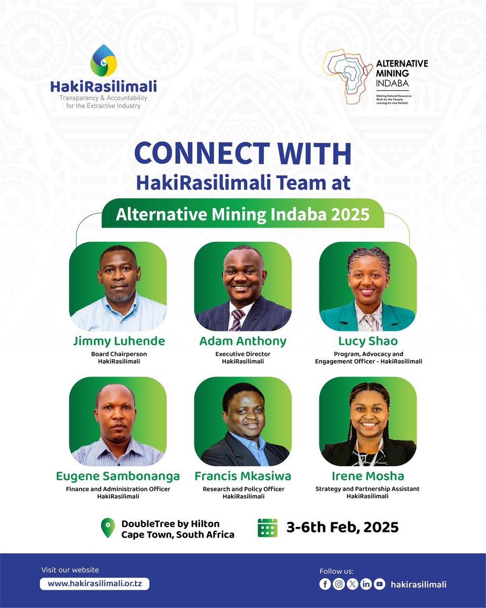 HakiRasilimali (@hakirasilimali) on Twitter photo In this year’s Alternative Mining Indaba (AMI), our team is set to significantly contribute to the dialogues and Idea Labs at AMI in Cape Town, contributing to critical discussions on Africa’s energy transition and mineral governance #AMI2025.
Our Executive Director, <a href="/adamthony/">Adam Anthony</a> In this year’s Alternative Mining Indaba (AMI), our team is set to significantly contribute to the dialogues and Idea Labs at AMI in Cape Town, contributing to critical discussions on Africa’s energy transition and mineral governance #AMI2025.
Our Executive Director, <a href="/adamthony/">Adam Anthony</a>