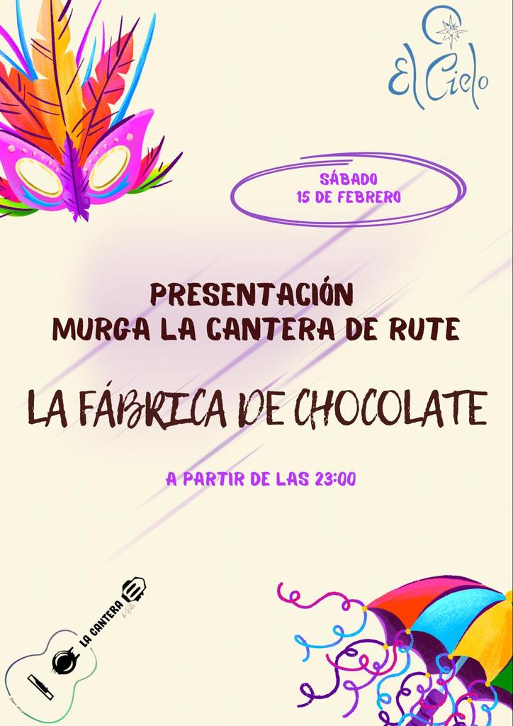 CanteraRute's tweet photo. ¡Chocolaters! Nos complace anunciaros un
año más el día de nuestra presentación al pueblo de
Rute.
Os esperamos a tod@s el sábado 15 de febrero en El Cielo a partir de las 23:00
¡Al terminar dará comienzo la gran CHOCOLATADA de apertura al carnaval!
¡VIVA EL CARNAVAL DE RUTE🍫! https://t.co/WImBGxTKSt