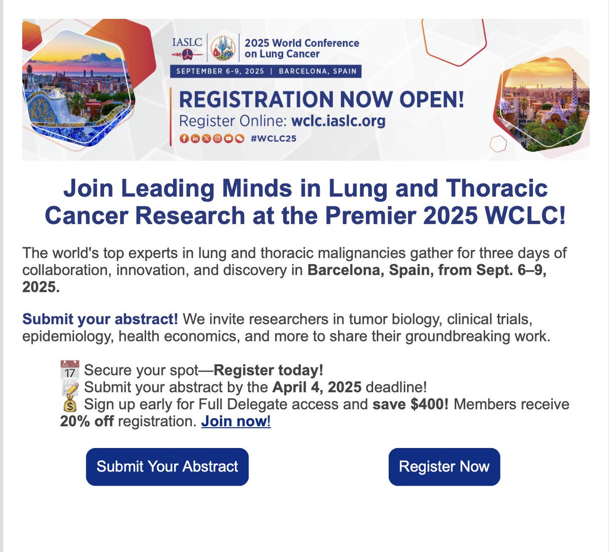 Noemi Reguart (@nreguart) on Twitter photo 🌍✨ WCLC 2025 is coming to Barcelona! Thrilled to welcome you with <a href="/UmbertoMalapel1/">Umberto Malapelle</a> <a href="/IsaOpitz/">Isabelle Opitz</a> <a href="/DrJNaidoo/">Jarushka Naidoo</a> <a href="/IASLC/">IASLC</a> 📢 Submit your abstract (deadline April 4th). Science, collaboration, and a little bit of Barcelona magic 🏖️. See you there!!! #WCLC25 #LungCancer 🌍✨ WCLC 2025 is coming to Barcelona! Thrilled to welcome you with <a href="/UmbertoMalapel1/">Umberto Malapelle</a> <a href="/IsaOpitz/">Isabelle Opitz</a> <a href="/DrJNaidoo/">Jarushka Naidoo</a> <a href="/IASLC/">IASLC</a> 📢 Submit your abstract (deadline April 4th). Science, collaboration, and a little bit of Barcelona magic 🏖️. See you there!!! #WCLC25 #LungCancer