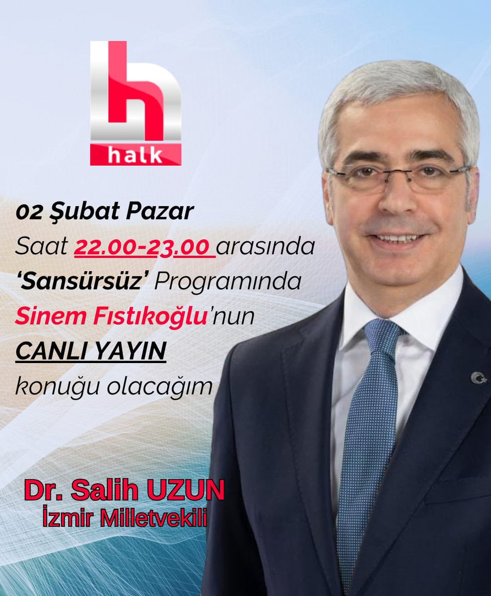Bu akşam (2 Şubat Pazar)
Saat 22 ila 23 arası 
Halk TV
Sansürsüz Programı
Sinem Fıstıkoğlu’nun konuğu olacağım.
<a href="/halktvcomtr/">Halk TV</a> <a href="/sinemfstk/">sinem fıstıkoğlu</a>