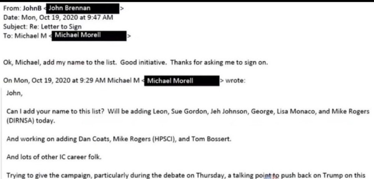 arhselk's tweet image. If true ? Does this email allegedly prove that John Brennan and his 51 co spies 🕵️‍♀️ committed ELECTION INTERFERENCE and possibly TREASON against the USA 🇺🇸 #ElectionInterference
