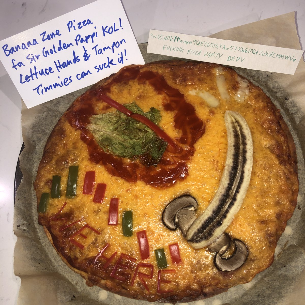 MindfulDTrader's tweet photo. @ZssBecker I posted mine yesterday, but I don't see it now, so I'm posting again. Apologies if this is a double post.

FUCKING PIZZA PARTY BRUV 9w65NDk7Pwmxe9YdEC6SYGYAw57Kb6DVitZeKdCMMWUo  

Banana Zone Pizza for Sir Golden Pappi KOL! Lettuce Hands &amp; Tampon Timmies can suck it! https://t.co/ChrG7uogbW