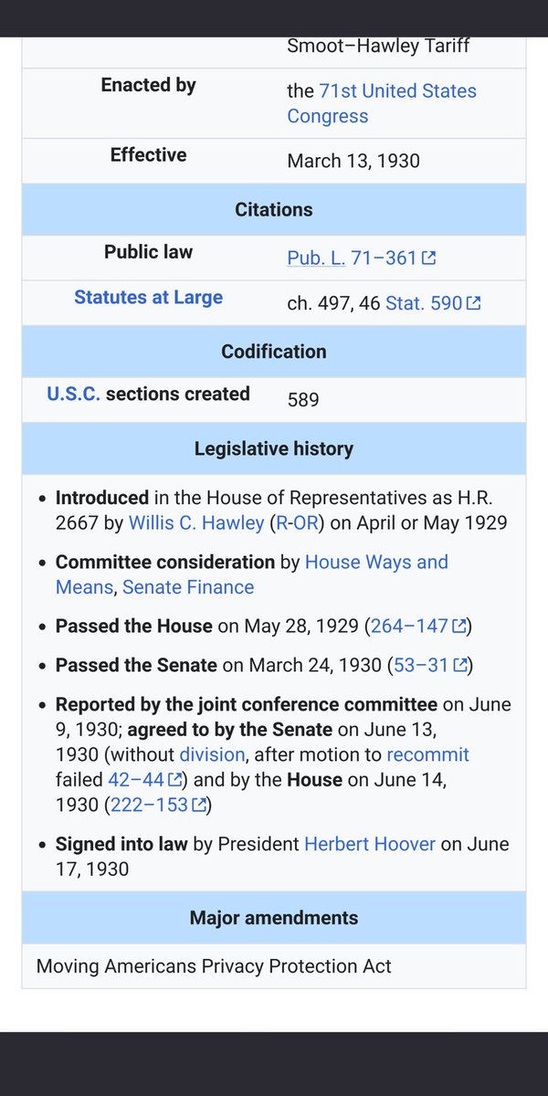 DaleWinslow's tweet photo. @StevenMBelknap @BruceBartlett It was literally introduced in April/May of 1929 and passed the house in May. It was just waiting for a senate approval. The Senate ended up debating the bill off and on before and after the crash in October. Passed in March. It's not unrealistic to believe it was a factor. https://t.co/GK59dW75R8