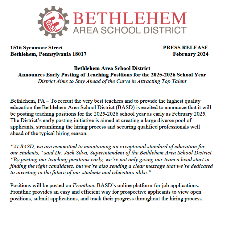 BASD is posting teaching positions for the 2025-2026 school year as early as February 2025! 

applitrack.com/basdschools/on…

#BASD #BASDproud #TeachingJobs #NowHiring #Education
