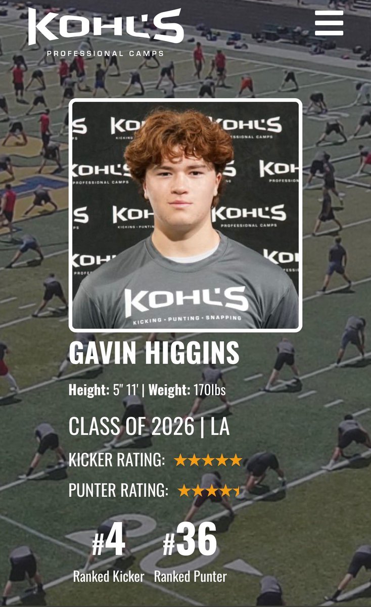 Gavinhiggins25's tweet image. After Kohl’s UnderClassman Challenge. I am blessed to be ranked the #4 kicker in the nation!
@KohlsKicking @Briggs_bourg @PBS_EaglesFB @HKA_Tanalski