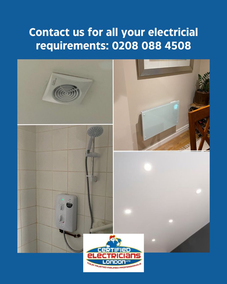 ltd_certified's tweet image. Another busy week for the team here at Certified #Electricians #London. From #faultfinding and restoring power for grateful customers, to installing #WiFiSmartHeaters, spotlights, #extractorfans, and #showers. 

📞 0208 088 4508
📧 info@certifiedelectricians.london