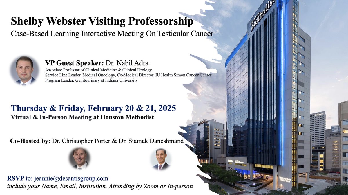 Sia Daneshmand, M.D. (@siadaneshmand) on Twitter photo Join us: annual Shelby Webster #testicularcancer conf <a href="/MethodistHosp/">Houston Methodist</a> Feb 20-21. Case based mtg, virtual/in person <a href="/nabiladra/">Nabil Adra</a> - VP guest speaker.
Chris Porter <a href="/KKseattle/">Kathleen Kobashi</a> <a href="/Testiscancer/">Craig Nichols</a> <a href="/ClintCaryMD/">Clint Cary, MD MPH MBA</a> <a href="/AdityaBagrodia/">DrBagrodia</a> <a href="/GU_BigWhacks/">Brian Hu</a> <a href="/UroAlsyouf/">Muhannad Alsyouf</a> <a href="/uroegg/">Scott Eggener</a> <a href="/drphil_urology/">Phillip Pierorazio</a> <a href="/RHamiltonUrol/">Rob Hamilton</a> Join us: annual Shelby Webster #testicularcancer conf <a href="/MethodistHosp/">Houston Methodist</a> Feb 20-21. Case based mtg, virtual/in person <a href="/nabiladra/">Nabil Adra</a> - VP guest speaker.
Chris Porter <a href="/KKseattle/">Kathleen Kobashi</a> <a href="/Testiscancer/">Craig Nichols</a> <a href="/ClintCaryMD/">Clint Cary, MD MPH MBA</a> <a href="/AdityaBagrodia/">DrBagrodia</a> <a href="/GU_BigWhacks/">Brian Hu</a> <a href="/UroAlsyouf/">Muhannad Alsyouf</a> <a href="/uroegg/">Scott Eggener</a> <a href="/drphil_urology/">Phillip Pierorazio</a> <a href="/RHamiltonUrol/">Rob Hamilton</a>