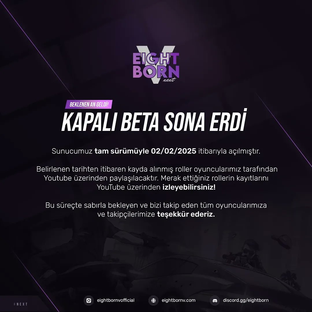 Elraenn'in kurucusu olduğu Eightborn Rp sunucusunun yayın yasağı kaldırıldı. Oyuncular artık yaptığı rolleri YouTube'da paylaşabilecek.