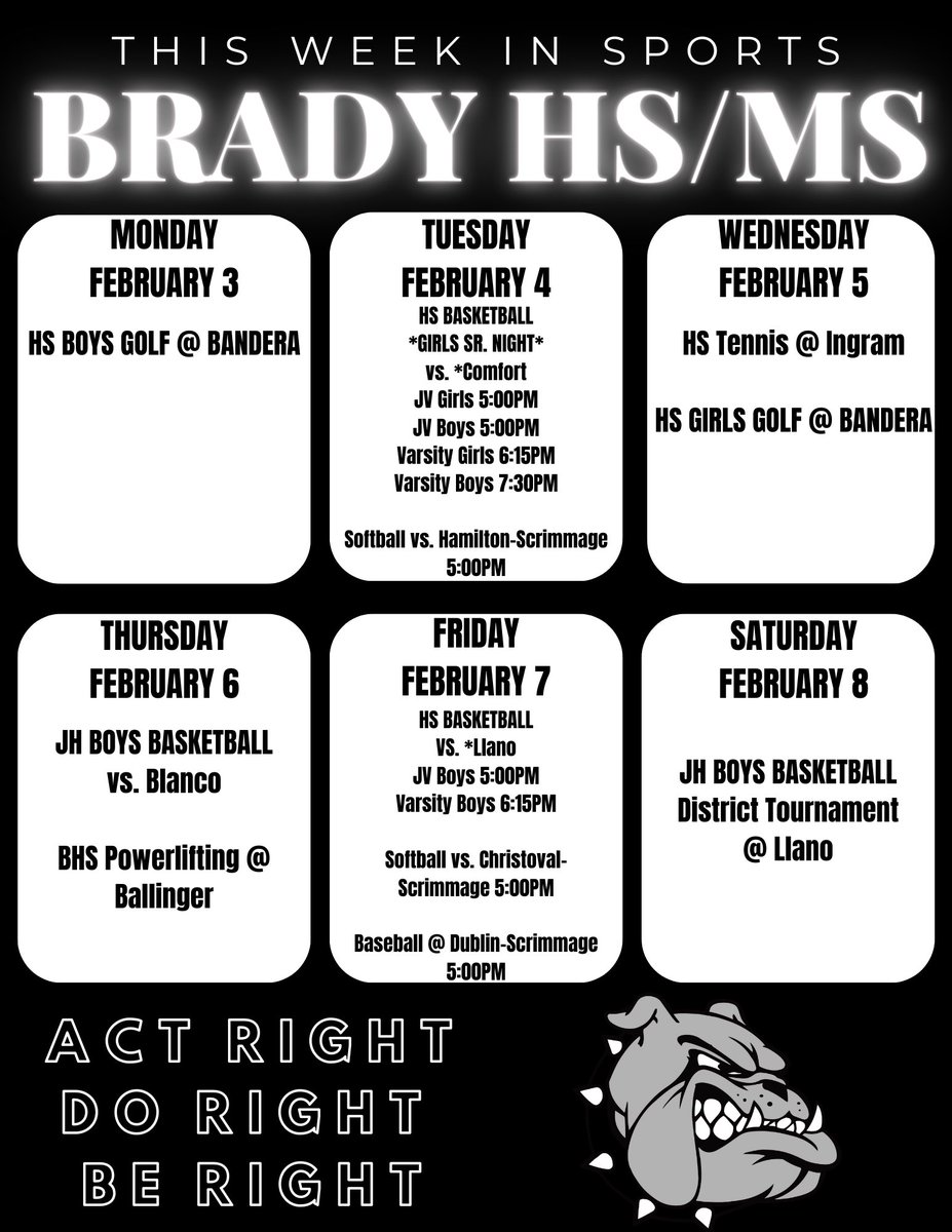 Brady ISD Athletics (@brady_athletics) on Twitter photo This Week in Sports
Feb. 3-8
‼️Tennis is Monday @ Ingram and not Wednesday.
See you at the games. 🐾 <a href="/coachv32/">C.J. Villegas</a> <a href="/cdockery8130/">Candice</a> <a href="/CoachJRRoberts/">Jaron Roberts</a> This Week in Sports
Feb. 3-8
‼️Tennis is Monday @ Ingram and not Wednesday.
See you at the games. 🐾 <a href="/coachv32/">C.J. Villegas</a> <a href="/cdockery8130/">Candice</a> <a href="/CoachJRRoberts/">Jaron Roberts</a>