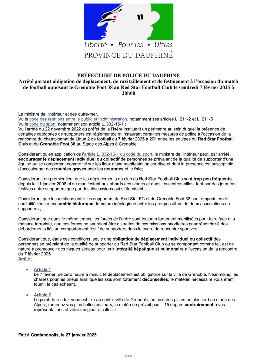 TribuneouestG's tweet image. 🟢GRENOBLE X RED STAR🔵

🚨Informations déplacement 
@stadebauer @RedStarFC
@GF38_Officiel

ℹ️Ami.e.s supporters et supportrices du Red Star FC. Veuillez noter la publication d'un arrêté préfectoral portant "OBLIGATION DE DÉPLACEMENT" le vendredi 7 février 2025 à Grenoble.