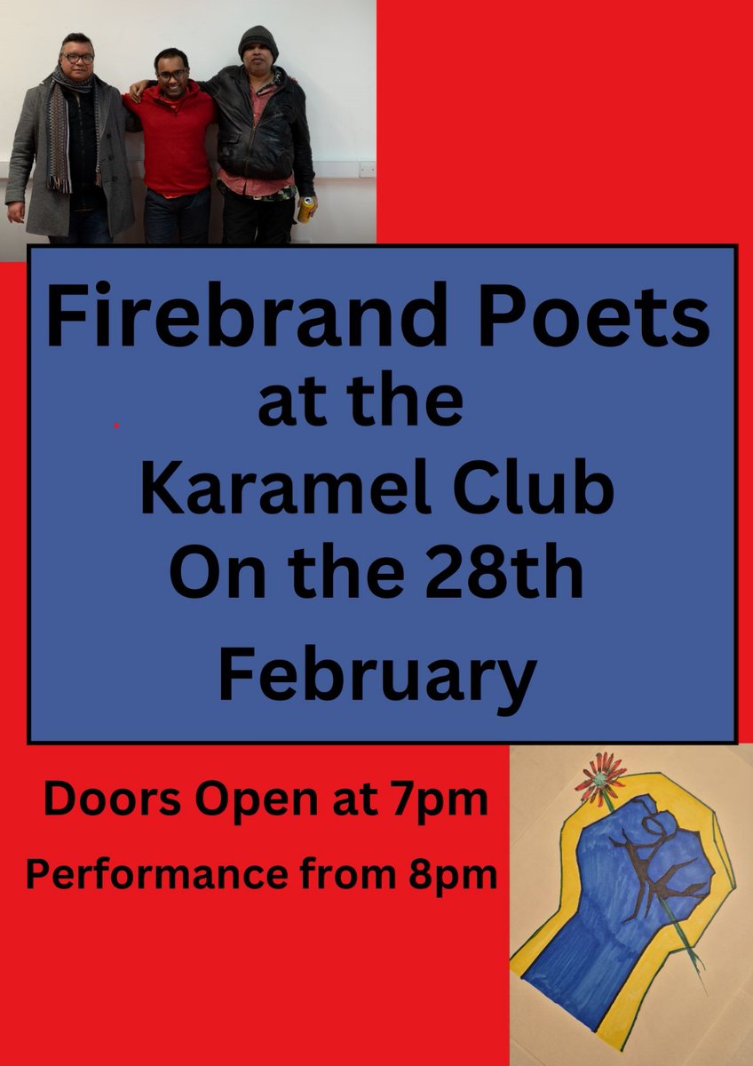Liba Ravindran (@libaravindran) on Twitter photo *Firebrand Poets at Karamel Club event*
🎤✨ A Firebrand Poets extravaganza event on *Friday 28th February 2025* from 7.30pm at Karamel Club
👉🏾 *Ticket link: musicglue.com/karamel/events…*
Put your name down for an open mic slot via firebrandpoets@riseup.net. *Firebrand Poets at Karamel Club event*
🎤✨ A Firebrand Poets extravaganza event on *Friday 28th February 2025* from 7.30pm at Karamel Club
👉🏾 *Ticket link: musicglue.com/karamel/events…*
Put your name down for an open mic slot via firebrandpoets@riseup.net.