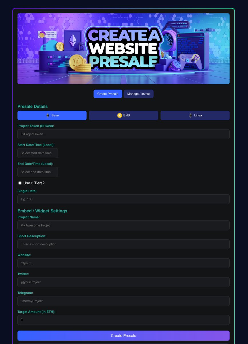 Presale Widget for your Website?

This week we are releasing a new Presale option with its own widget/embed code that you can easily paste into your own website.

Users will be able to invest in your pre-sale on your own website. Create a single tier or 3 tier sale.

<a href="/base/">Base</a> #defi