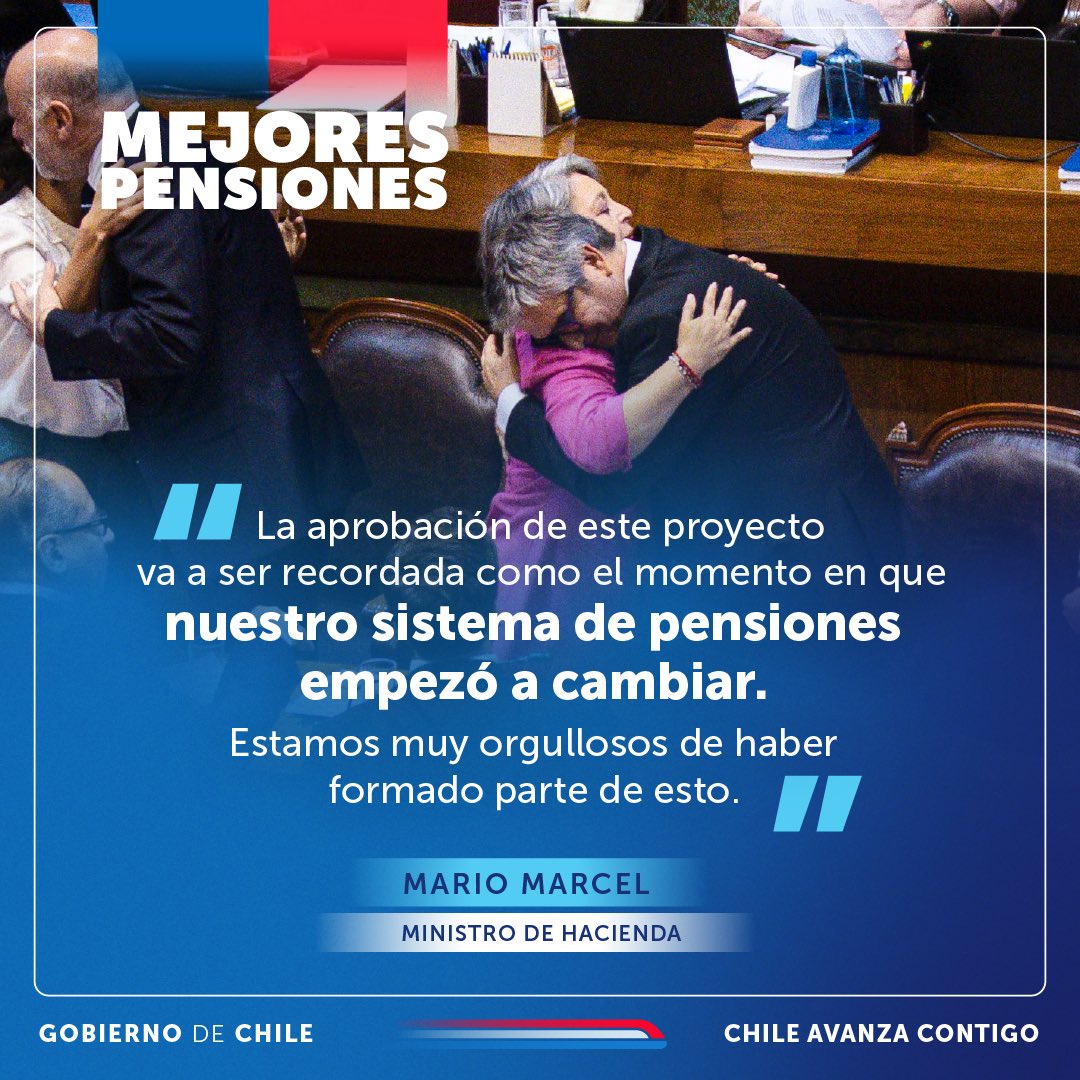 Esta semana dimos un paso histórico en justicia social, porque Chile tendrá #MejoresPensiones. El ministro de <a href="/Min_Hacienda/">Ministerio de Hacienda</a>, Mario Marcel, destacó este hito que cambiará las vidas de las pensionadas y pensionados del país.