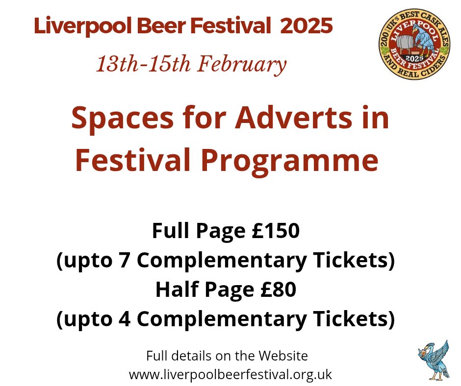 Liverpool Beer Fest (@lbfcamra) on Twitter photo We still have spaces for Adverts in Festival Programme. Page ÂŁ150
(upto 7 Complementary Tickets), Half Page ÂŁ80 (upto 4 Complementary Tickets). Deadline 7th February. If interested please email sponsorship@liverpoolbeerfestival.org.uk We still have spaces for Adverts in Festival Programme. Page ÂŁ150
(upto 7 Complementary Tickets), Half Page ÂŁ80 (upto 4 Complementary Tickets). Deadline 7th February. If interested please email sponsorship@liverpoolbeerfestival.org.uk