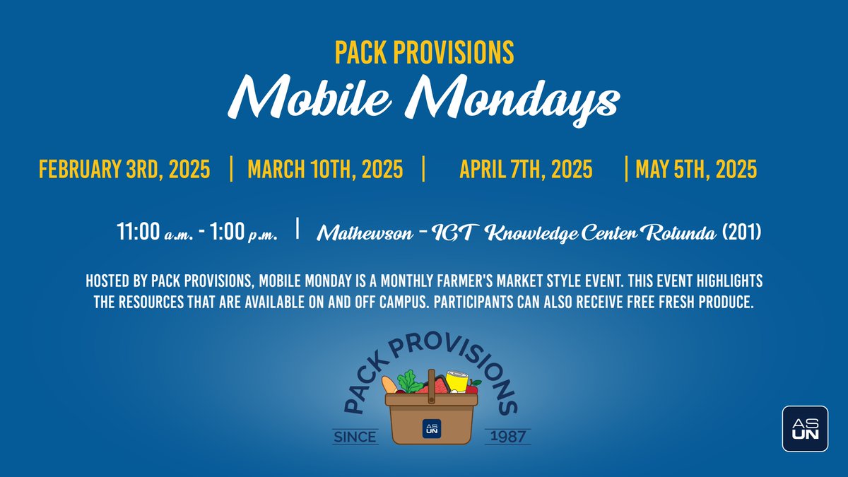 ASUN (@nevadaasun) on Twitter photo Hey Wolf Pack!
Join us on Mobile Mondays from 11am to 1pm at the KC Rotunda! 
This farmer's market style event offers FREE fresh produce for all students! We are here to support your wellness and fight food insecurity at UNR! Hey Wolf Pack!
Join us on Mobile Mondays from 11am to 1pm at the KC Rotunda! 
This farmer's market style event offers FREE fresh produce for all students! We are here to support your wellness and fight food insecurity at UNR!