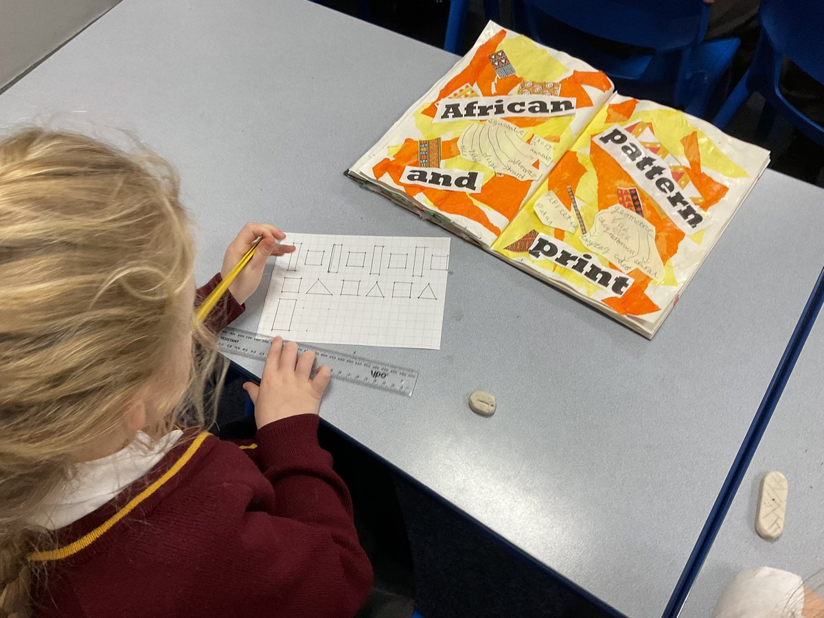 PDA_Y2's tweet image. Thinking carefully about how to create a geometric repeated pattern in the style of African patterns and prints. We then went on to use our ideas to design our printing blocks. I’m looking forward to seeing some amazing prints using our printing blocks. #pdaart