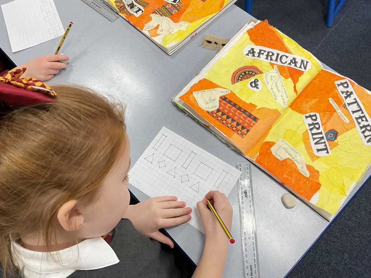 PDA_Y2's tweet image. Thinking carefully about how to create a geometric repeated pattern in the style of African patterns and prints. We then went on to use our ideas to design our printing blocks. I’m looking forward to seeing some amazing prints using our printing blocks. #pdaart