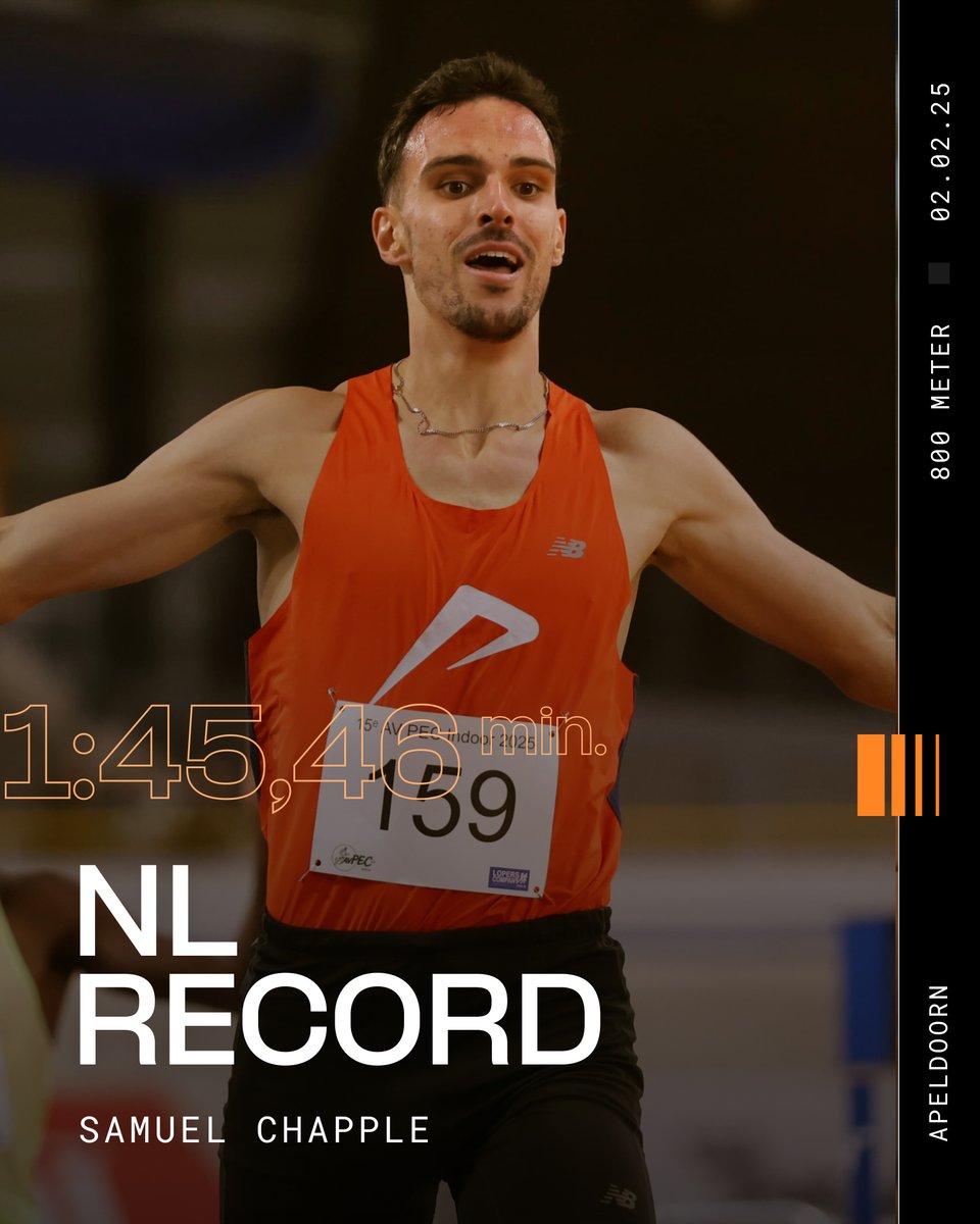 Atletiekunie (@atletiekunie) on Twitter photo On a mission 🫡
<a href="/samuelchapple_/">Samuel Chapple</a> duikt in Apeldoorn met 1:45,46 minuten onder het Nederlands indoorrecord op de 800 meter. Het Nederlands record op de 1500 meter heeft hij sinds vorige week ook al in handen.
Met deze tijd voldoet hij ook aan de limiet voor het EK indoor. On a mission 🫡
<a href="/samuelchapple_/">Samuel Chapple</a> duikt in Apeldoorn met 1:45,46 minuten onder het Nederlands indoorrecord op de 800 meter. Het Nederlands record op de 1500 meter heeft hij sinds vorige week ook al in handen.
Met deze tijd voldoet hij ook aan de limiet voor het EK indoor.
