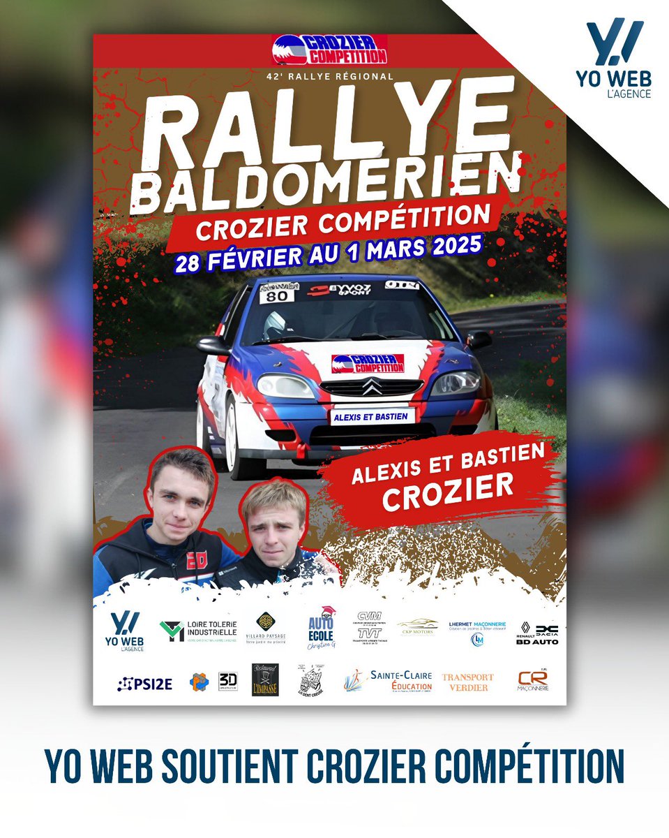 agence_yoweb's tweet image. 📣 Yo Web, fier partenaire de Crozier Speed Racing ! 🏁🔥

Nous sommes ravis de soutenir Alexis et Damien Crozier pour le 42e Rallye Régional Baldomérien ! 🚗💨

Cultivons vos différences 🌎 . #YoWeb