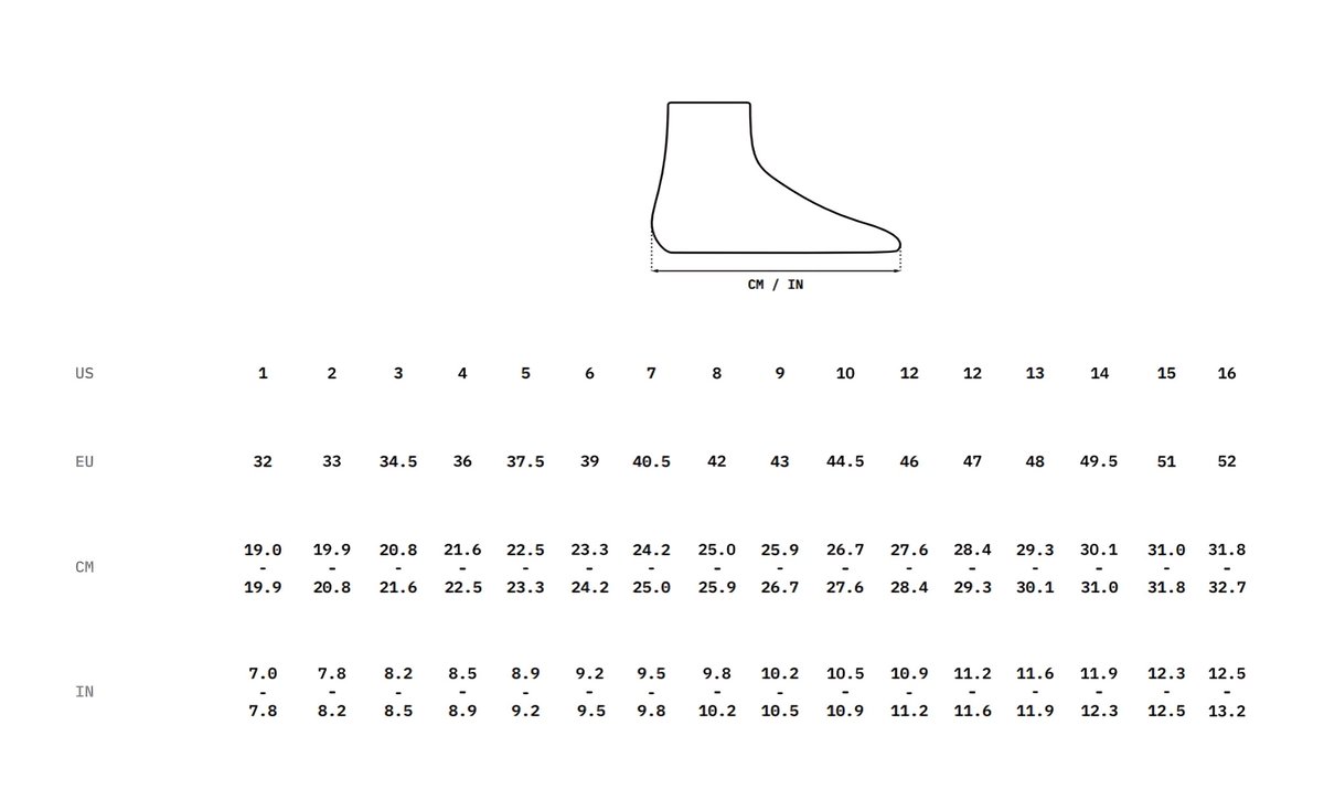 YZY SPLY SL-01 Official Sizing Chart