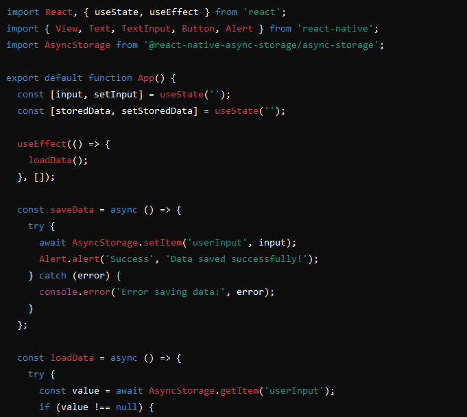 9rohitpdl's tweet photo. Day 26 of #COESISKnowledgeQuest
Explored how to implement offline data storage in React Native using AsyncStorage. Learned how to save and retrieve data even when the app is closed!
#30dayslearningchallenge #COESIS
@coesisnp https://t.co/0XhnQp6fcs