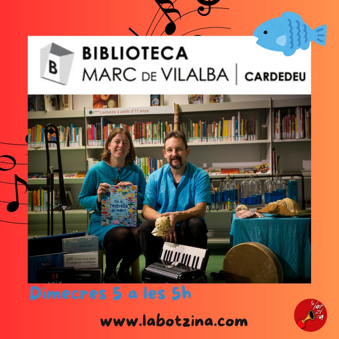 Aquest dimecres estarem a <a href="/bibliocardedeu/">Biblioteca Cardedeu</a> amb les nostres històries plenes de peixets, pops, balenes, crancs, ... i molta música del fons del mar.
Us hi esperem!!!
Inscripció prèvia!!!