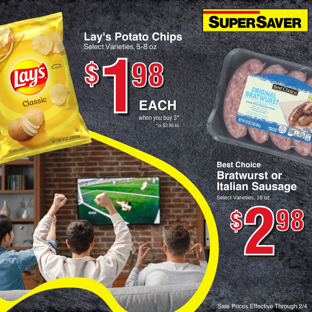 🏈🎉 Touchdown Alert! The Big Game is Just a Week Away! 🎉🏈

Get your snack game on point and score big with game-day favorites! Stock up now and be the MVP of snack time! 🏆 Find all your game-day must-haves in-store or online at super-saver.com/weekly-ad.