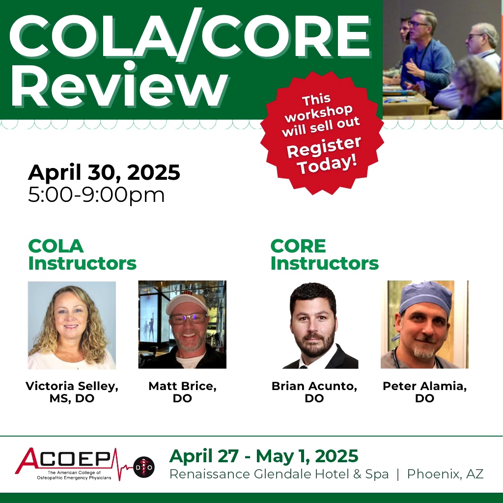 ACOEP's tweet image. Enhance your skills at the COLA/CORE Review during #ACOEPSS25. 🚀

Sign up today! acoep.org/education-even…

#ACOEP #ACOEPEducation #EmergencyMedicineSkills #MedEd