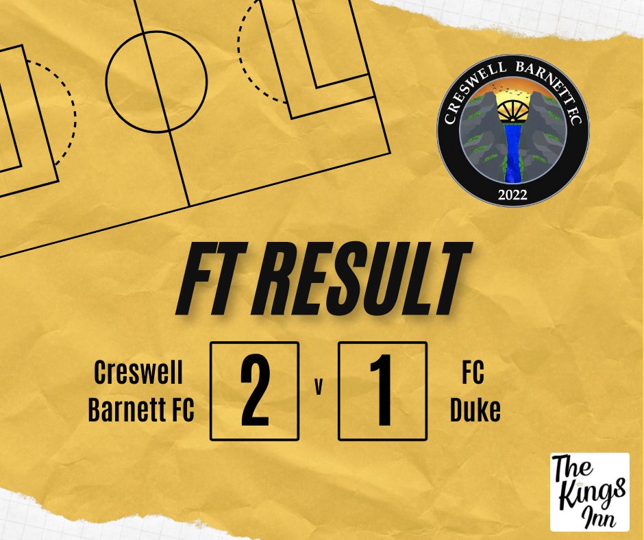 𝗙𝗨𝗟𝗟 𝗧𝗜𝗠𝗘 𝗥𝗘𝗦𝗨𝗟𝗧

Creswell Barnett FC 2-1 FC Duke

Scorers: Brooklyn Shaw &amp; Josh Manifold.

MOTM: Owen Smith.

4 league wins on the bounce 😍