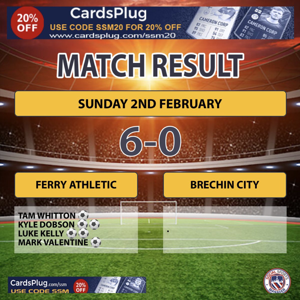 The lads secured all 3pts points with a strong performance and some excellent goals. Tam opened the scoring with a 🚀 followed by Kyle who found the corner well and then Luke added 2 finishing both well well. Mark then scored a delightful chip, before Kyle grabbed his 2nd 🟡🔵