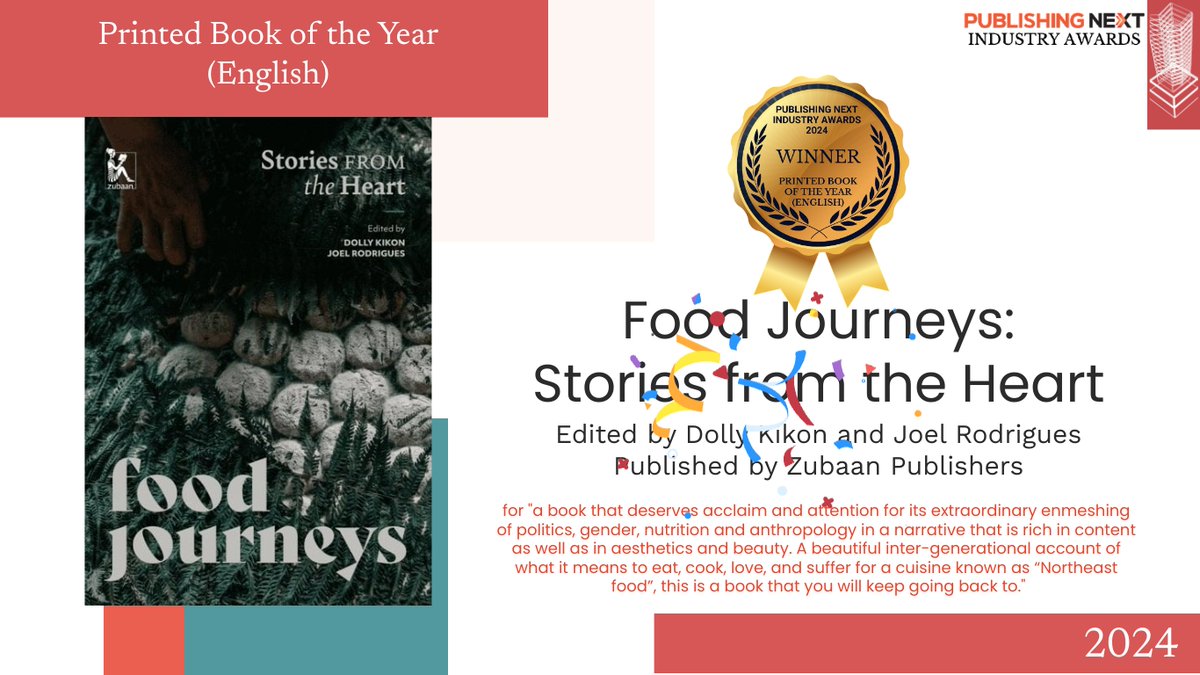 Publishing Next (@publishingnext) on Twitter photo Printed Book of the Year (English)
R/U: Another Lens: Photography and the Emergence of Image Culture, ed. by Rahaab Allana, pub by <a href="/Tulikabooksdel/">Tulika Books</a>
Winner: Food Journeys: Stories from the Heart, ed. by Dolly Kikon and Joel Rodrigues, pub by <a href="/ZubaanBooks/">Zubaan Books</a> Printed Book of the Year (English)
R/U: Another Lens: Photography and the Emergence of Image Culture, ed. by Rahaab Allana, pub by <a href="/Tulikabooksdel/">Tulika Books</a>
Winner: Food Journeys: Stories from the Heart, ed. by Dolly Kikon and Joel Rodrigues, pub by <a href="/ZubaanBooks/">Zubaan Books</a>