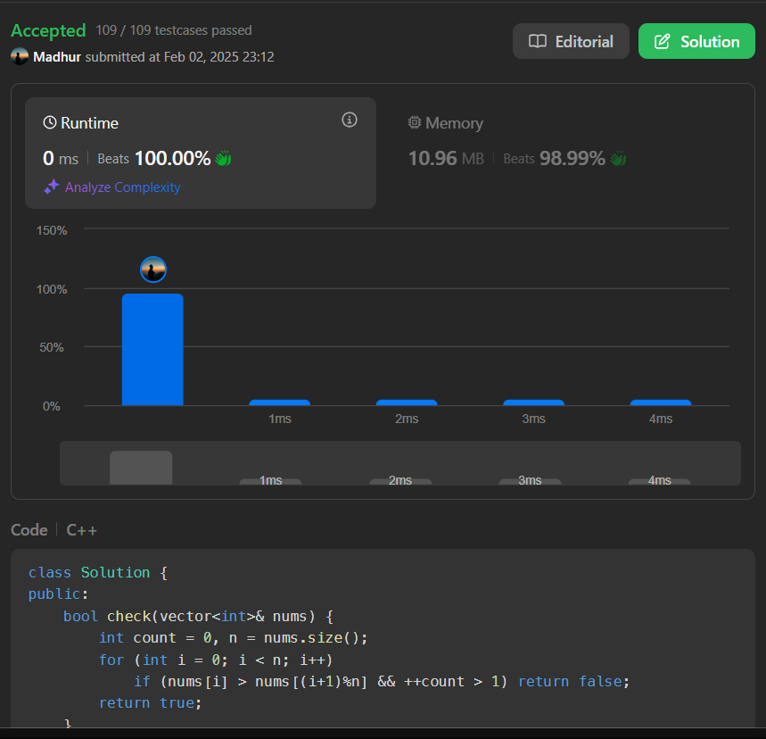 MadhurBoard's tweet photo. 🎯 Day 59/100 of My LeetCode Challenge 🎯
🚀 Problem: Check if Array is Sorted and Rotated
🔑 Solution: Checked if the array can be considered sorted and rotated by counting the number of places where the array decreases.
#LeetCode #100DaysOfCode https://t.co/twQkt51bNE