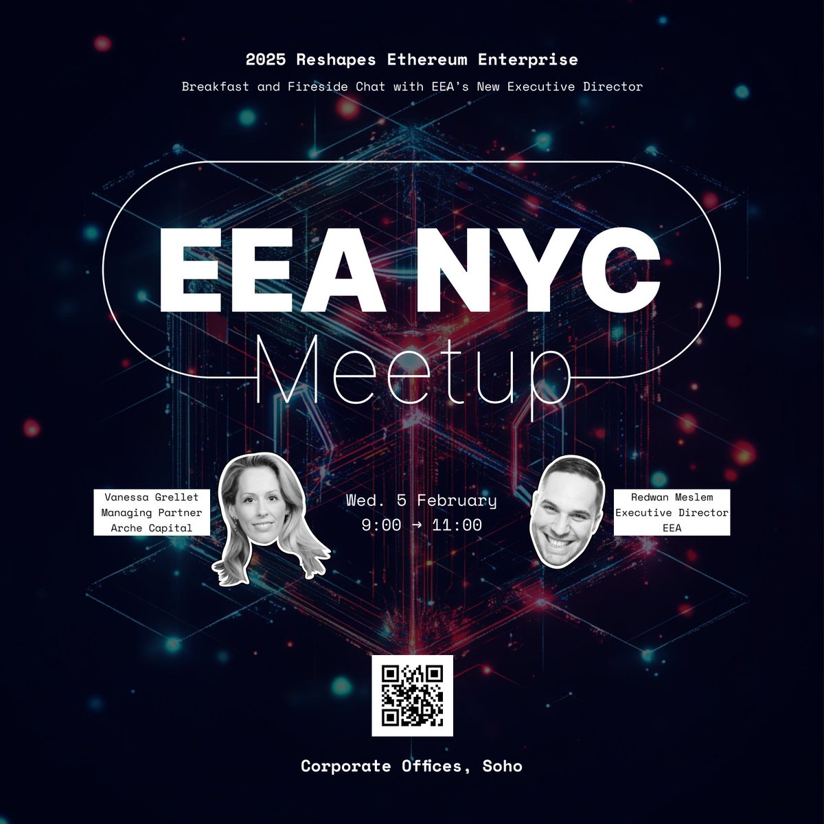 Join us this Wednesday 9-11am in NYC for a breakfast &amp; fireside chat with <a href="/RedoudouM/">Redwan</a>, EEA's new Executive Director, and <a href="/VanessaGrellet_/">vanessagrellet.eth 🦇🔊🤙</a>, Managing Partner at Arche Capital. Come hear what's cooking for EEA and Ethereum in 2025!
Limited spots - Register here: