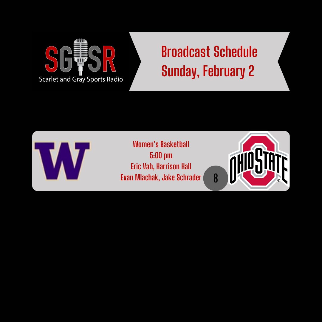 Scarlet & Gray Sports Radio (@sgsr_osu) on Twitter photo Bringing you B1G Women's Basketball as the eighth-ranked <a href="/OhioStateWBB/">Ohio State Women’s Basketball</a> takes on the Huskies of Washington.
<a href="/EricVah1/">Eric Vah</a>, <a href="/harrymhall84/">Harrison Hall</a>, Evan Mlachak, and <a href="/jschrader55/">Jake Schrader</a> will bring you all of the action! Bringing you B1G Women's Basketball as the eighth-ranked <a href="/OhioStateWBB/">Ohio State Women’s Basketball</a> takes on the Huskies of Washington.
<a href="/EricVah1/">Eric Vah</a>, <a href="/harrymhall84/">Harrison Hall</a>, Evan Mlachak, and <a href="/jschrader55/">Jake Schrader</a> will bring you all of the action!
