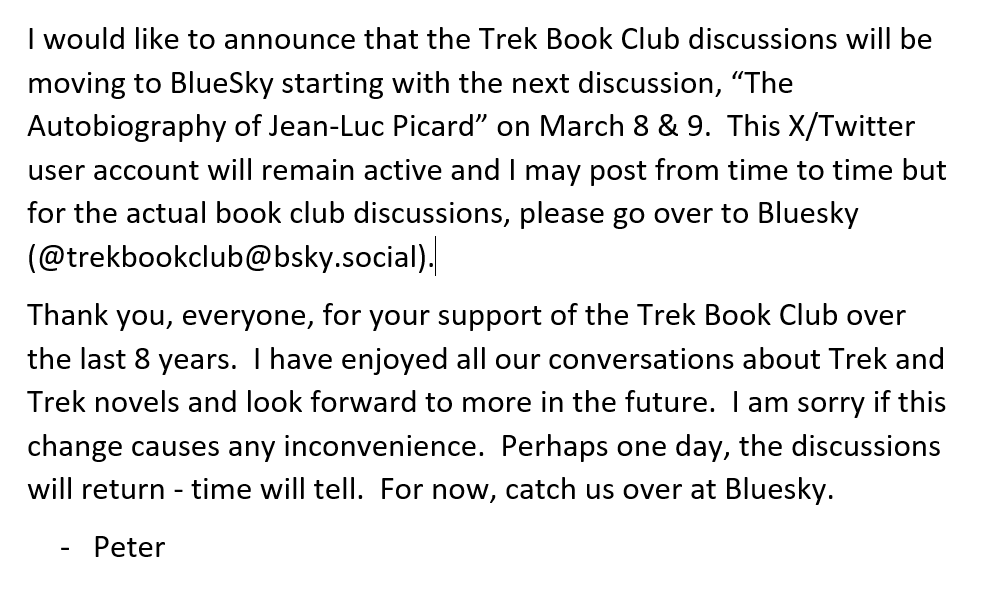 I would like to make an announcement about the Trek Book Club. 🖖 
#TrekBookClub #TrekBooks #TrekLit