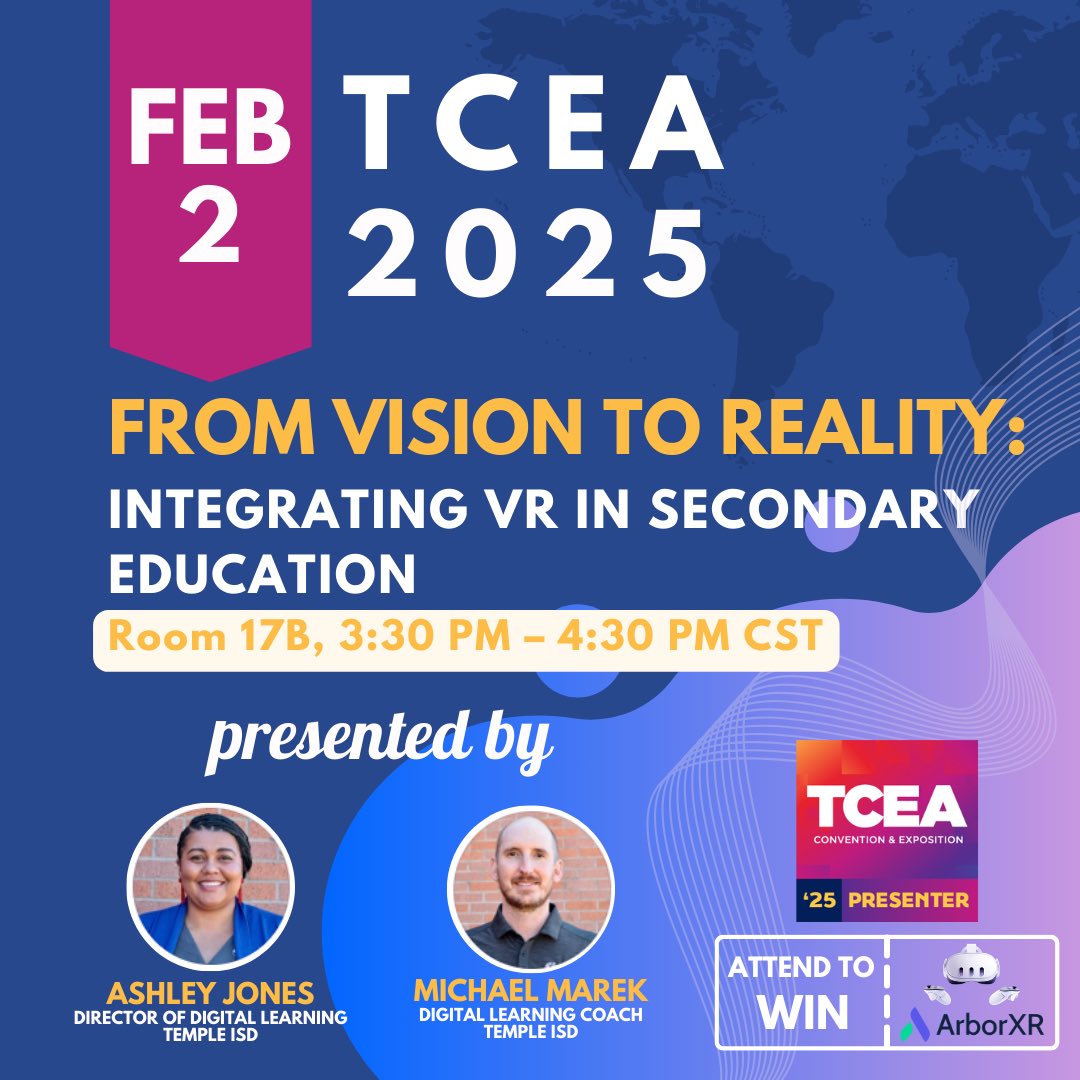 Michael Marek (@marekdlc) on Twitter photo Come see us at TCEA! 
Join my session, “From Vision to Reality: Integrating VR in Secondary Education,” and discover how to bring learning to life with Virtual Reality!
You could win a Meta Quest 3 complimentary from ArborXR! Come see us at TCEA! 
Join my session, “From Vision to Reality: Integrating VR in Secondary Education,” and discover how to bring learning to life with Virtual Reality!
You could win a Meta Quest 3 complimentary from ArborXR!