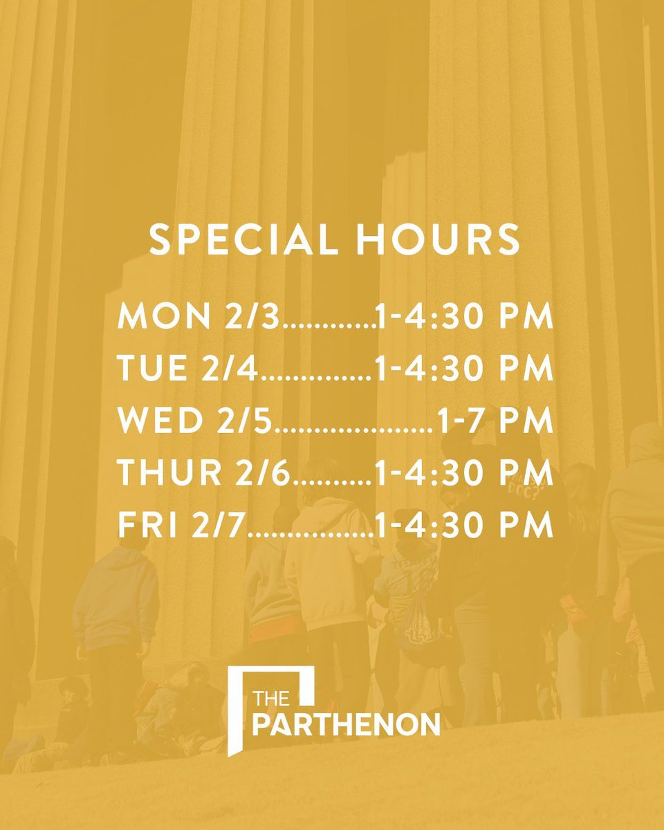 ✨📚 Special Hours This Week: The Parthenon will open to the public at 1 PM Monday-Friday this week to accommodate field trips for local 6th graders. Thank you for your understanding!