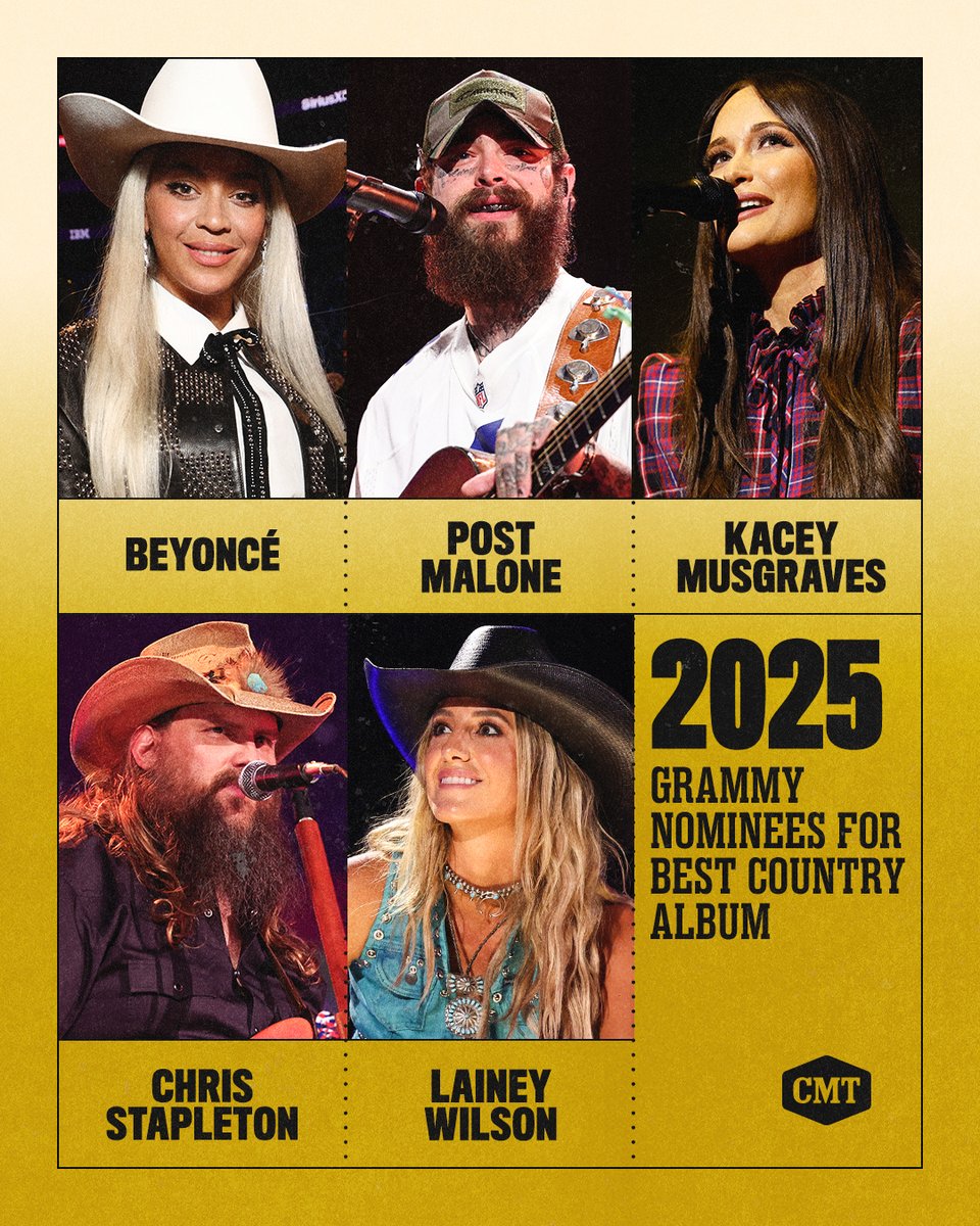 CMT (@cmt) on Twitter photo Who's your pick for Best Country Album at the 2025 #GRAMMYs? 🏆
💿 <a href="/Beyonce/">BEYONCÉ</a> — 'Cowboy Carter'
💿 <a href="/PostMalone/">Post Malone</a> — 'F-1 Trillion'
💿 <a href="/KaceyMusgraves/">K A C E Y</a> — 'Deeper Well'
💿 <a href="/ChrisStapleton/">Chris Stapleton</a> — 'Higher'
💿 <a href="/laineywilson/">Lainey Wilson</a> — 'Whirlwind' Who's your pick for Best Country Album at the 2025 #GRAMMYs? 🏆
💿 <a href="/Beyonce/">BEYONCÉ</a> — 'Cowboy Carter'
💿 <a href="/PostMalone/">Post Malone</a> — 'F-1 Trillion'
💿 <a href="/KaceyMusgraves/">K A C E Y</a> — 'Deeper Well'
💿 <a href="/ChrisStapleton/">Chris Stapleton</a> — 'Higher'
💿 <a href="/laineywilson/">Lainey Wilson</a> — 'Whirlwind'