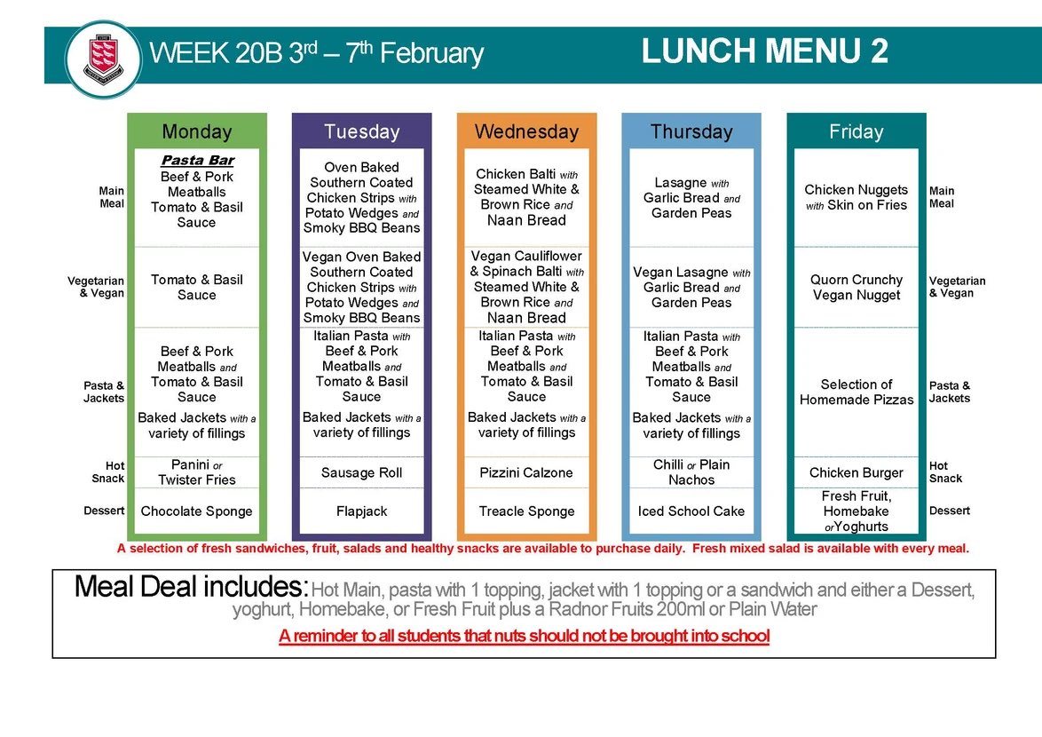 Lunch menu <a href="/PenistoneGS/">Penistone Grammar School</a> for week commencing Monday 3rd February 😋