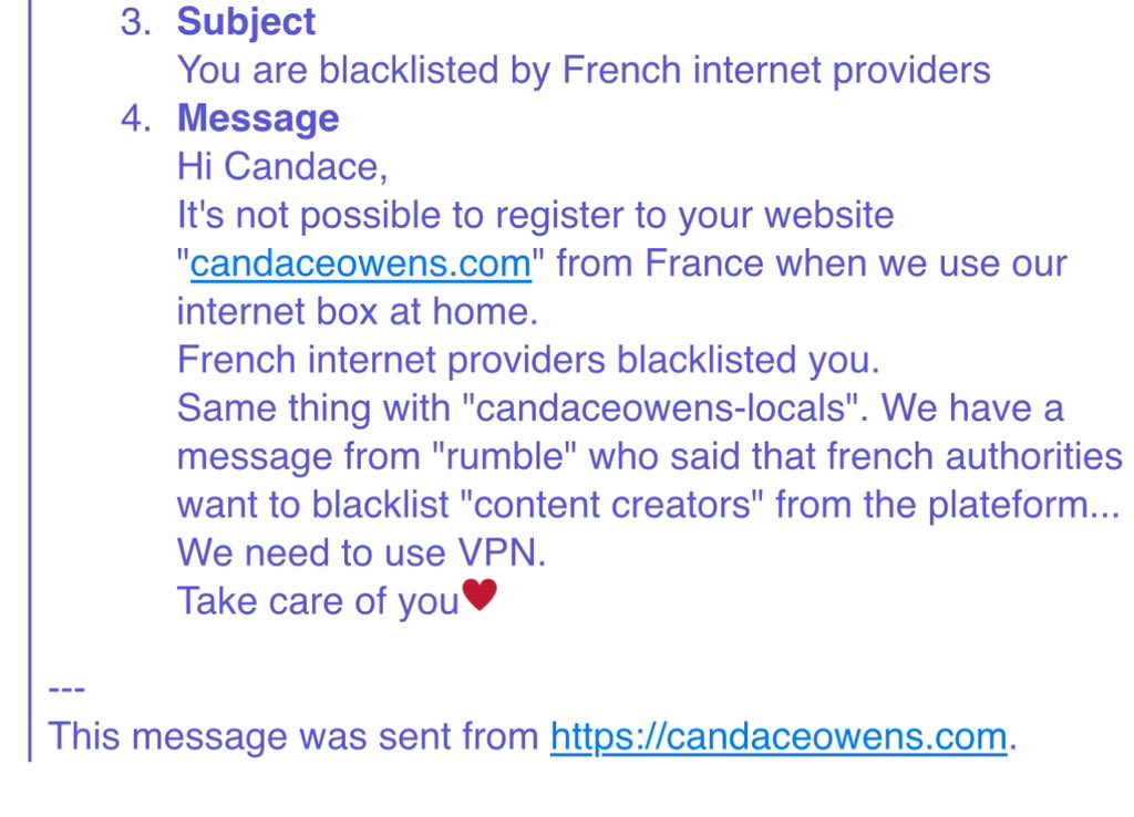 RealCandaceO's tweet image. We received this e-Mail from a French listener that France has blocked your ability to register to CandaceOwens.com 

Can others in France confirm if this is true?