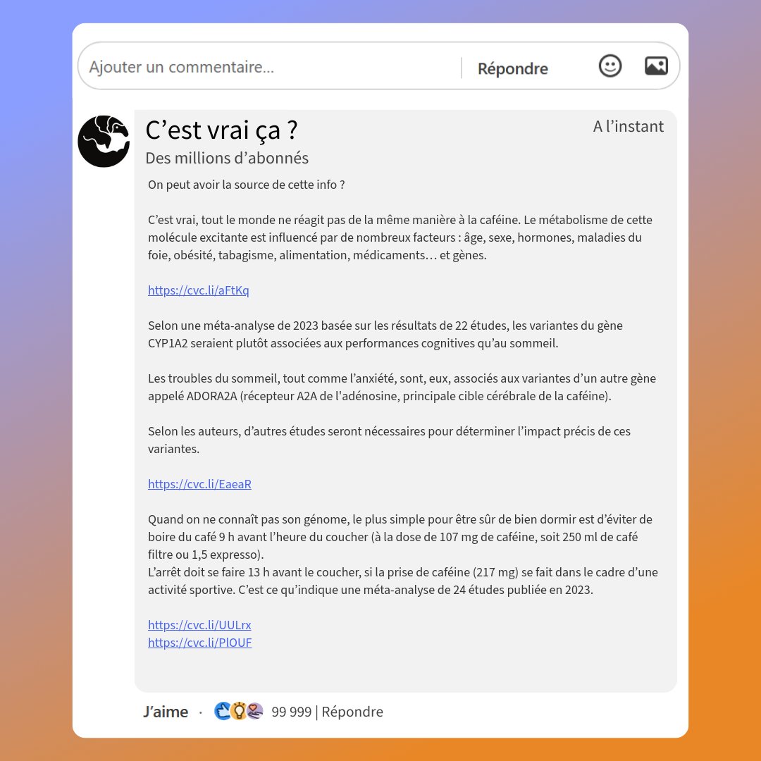Ta tolérance à la caféine dépend de tes gènes
Disponible sur notre site : cestvraica.com/debunk/1335526…