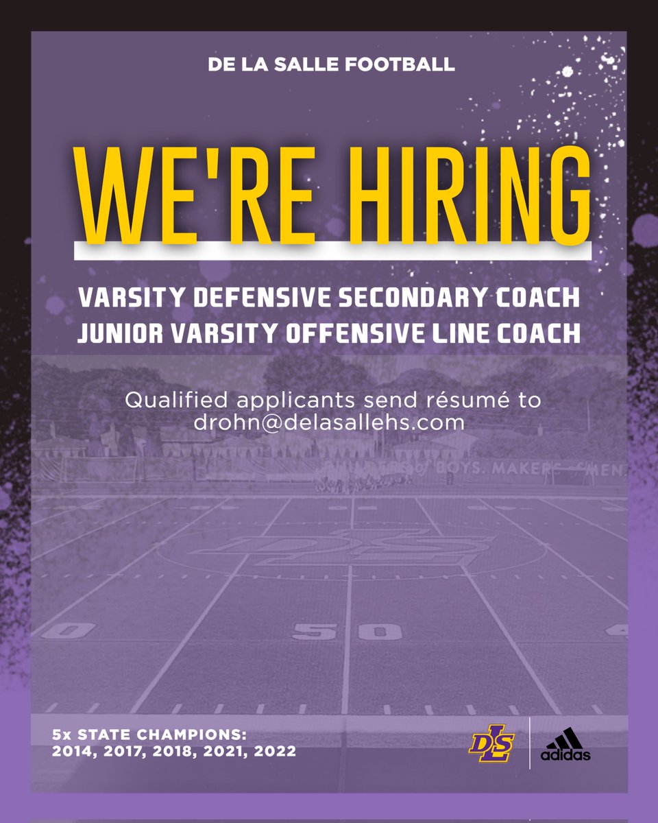 De La Salle Pilots Football (@dlsfootball_mi) on Twitter photo De La Salle Football in Michigan is looking for qualified applicants for the following positions. <a href="/coachrohn/">Dan Rohn</a> <a href="/JamesALight/">James Light</a> <a href="/Coach_Sheridan/">Bill Sheridan</a> <a href="/DLSPilots/">De La Salle Collegiate Athletics</a> De La Salle Football in Michigan is looking for qualified applicants for the following positions. <a href="/coachrohn/">Dan Rohn</a> <a href="/JamesALight/">James Light</a> <a href="/Coach_Sheridan/">Bill Sheridan</a> <a href="/DLSPilots/">De La Salle Collegiate Athletics</a>