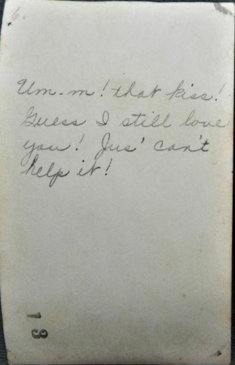 1930’s photograph of two women kissing “Um-m! that kiss! Guess I still love you! Jus' can't help it!"