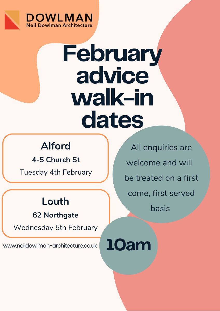 Our free advice walk-in dates for February are here! 🗓️

Your chance to gain FREE Architectural or Planning advice from a Chartered Architectural Technologist! All welcome and treated on a first come, first served basis at 10am.