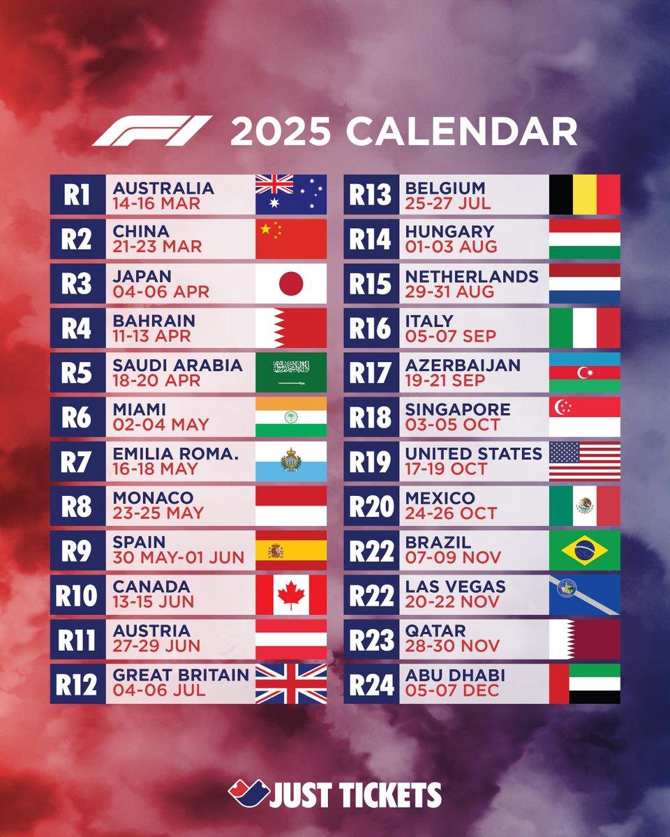 justticketsuk's tweet photo. The F1 2025 Calendar is looking like it is going to be an exciting year of racing and it is only 42 days until the 1st race! 👏 The Team can help source F1 tickets so get in contact today! 

#F1 #JustTickets #justticketsandmotoring #f1tickets
@Lycianevents https://t.co/XmhiTtw2JC